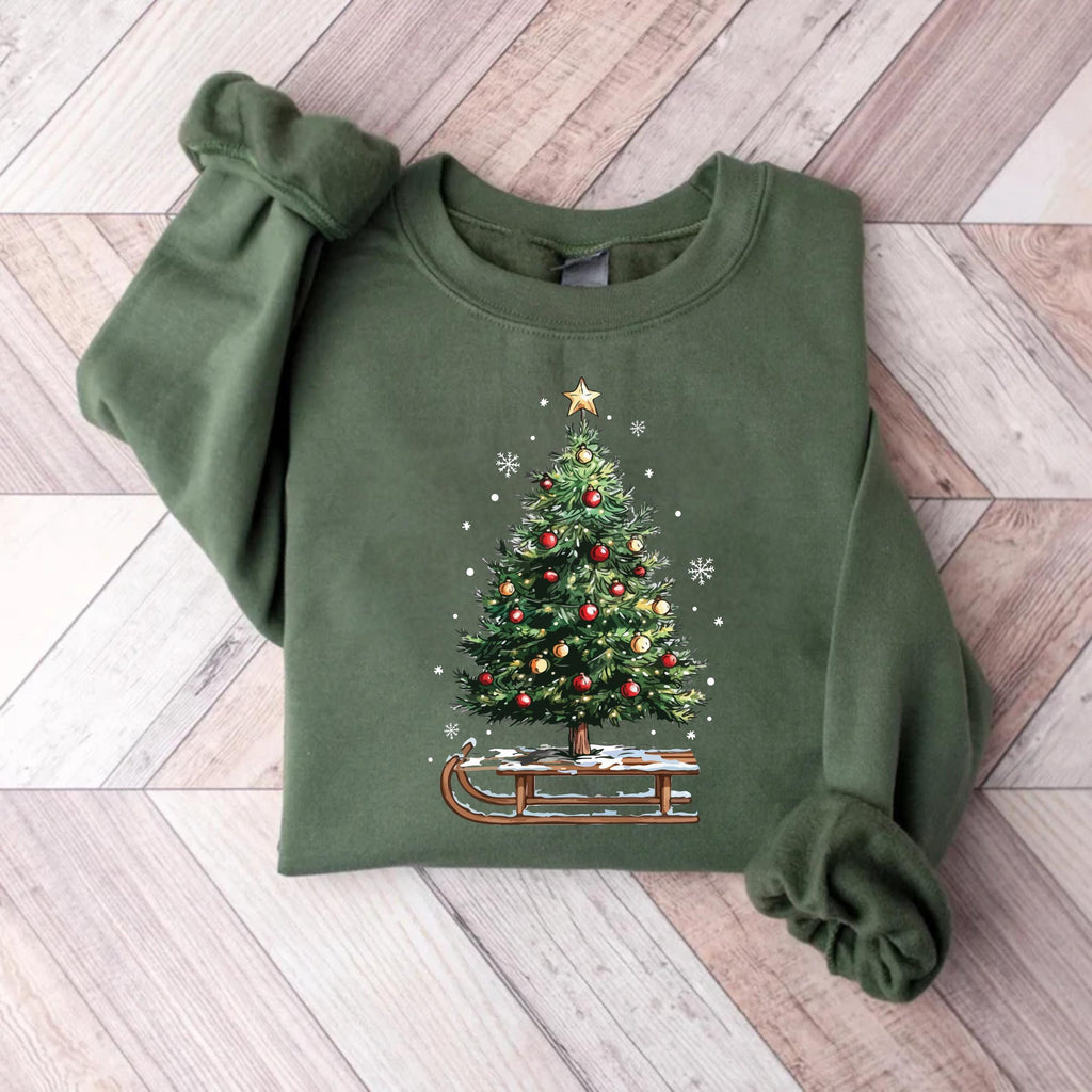 Women’s Holiday Christmas Sweatshirt, Women’s Xmas Tree Crewneck, Christmas Sleigh Sweatshirt