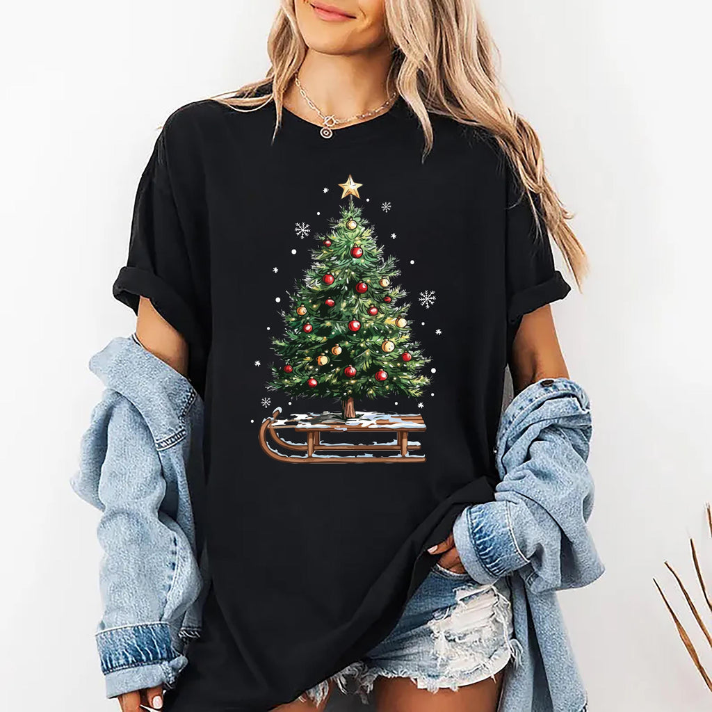 Women’s Holiday Christmas Shirt, Women’s Xmas Tree Crewneck, Christmas Sleigh Tee