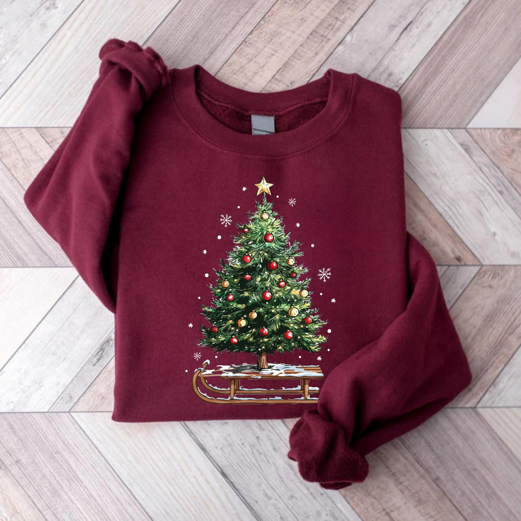 Women’s Holiday Christmas Sweatshirt, Women’s Xmas Tree Crewneck, Christmas Sleigh Sweatshirt