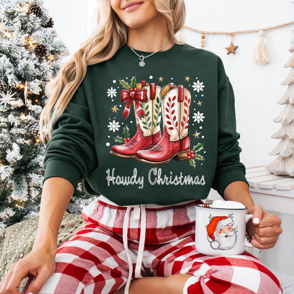 Howdy Christmas Sweatshirt, Cowgirl Boots Christmas Shirt, Coquette Cowgirl Sweatshirt