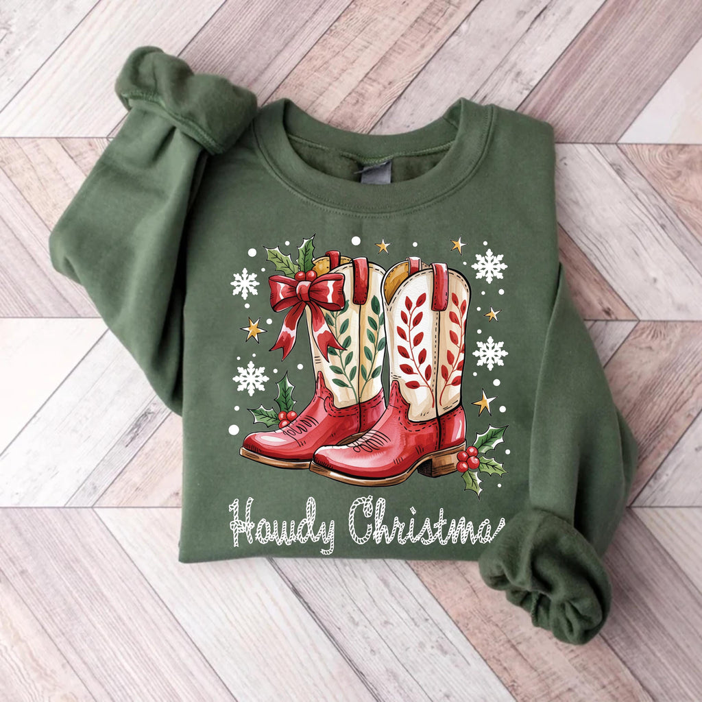 Howdy Christmas Sweatshirt, Cowgirl Boots Christmas Shirt, Coquette Cowgirl Sweatshirt