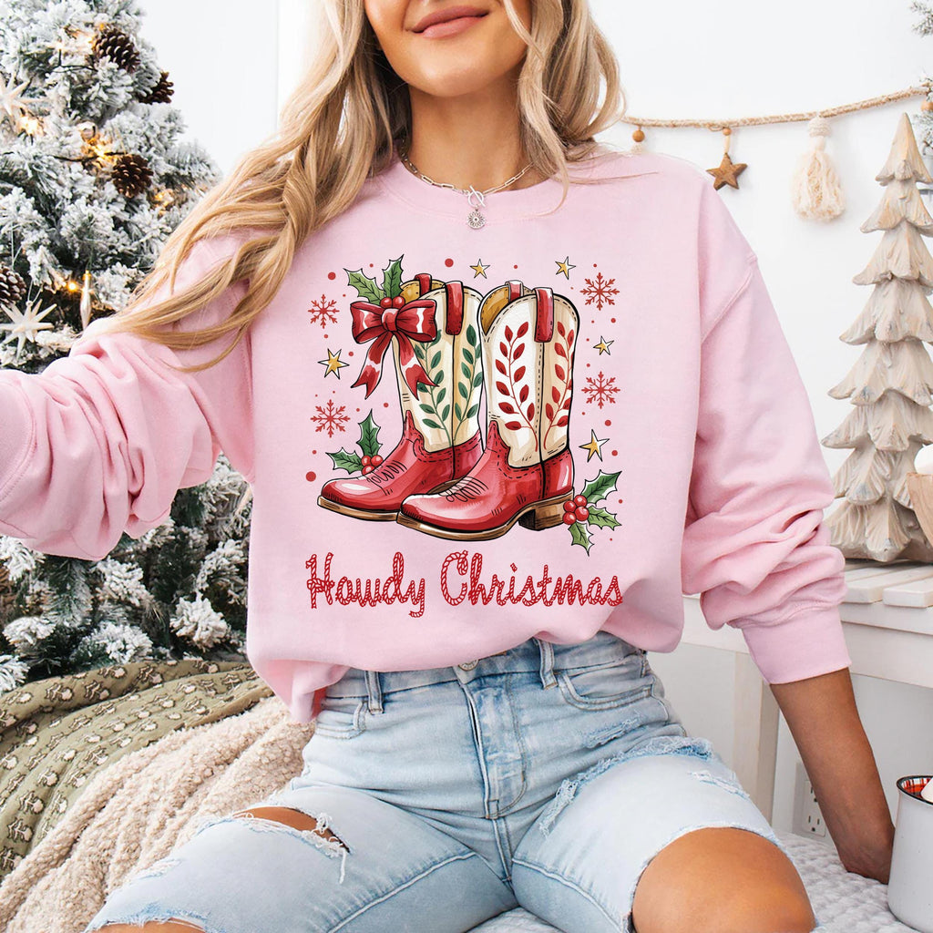 Howdy Christmas Sweatshirt, Cowgirl Boots Christmas Shirt, Coquette Cowgirl Sweatshirt