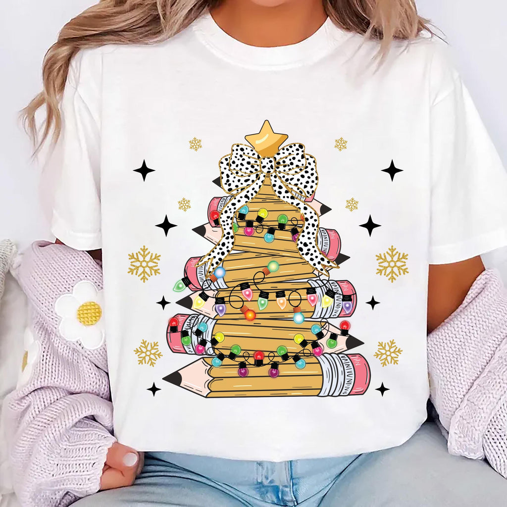 Christmas Pencil Tree Teacher Shirt, Crayon Tree Light Shirt, Teacher Christmas Tee