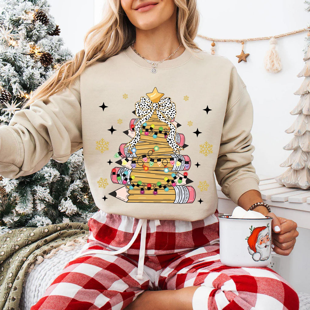 Christmas Pencil Tree Teacher Sweatshirt, Crayon Tree Light Shirt, Teacher Christmas Sweatshirt