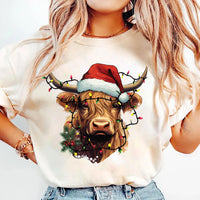 Highland Cow Christmas Shirt, Cow with Christmas Lights Shirt, Holiday Western Farm Tee