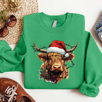 Highland Cow Christmas Sweatshirt, Cow with Christmas Lights Shirt, Holiday Western Farm Sweatshirt
