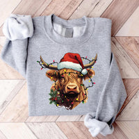 Highland Cow Christmas Sweatshirt, Cow with Christmas Lights Shirt, Holiday Western Farm Sweatshirt