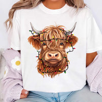 Highland Cow Christmas Shirt, Cow with Christmas Lights Shirt, Holiday Western Farm Tee