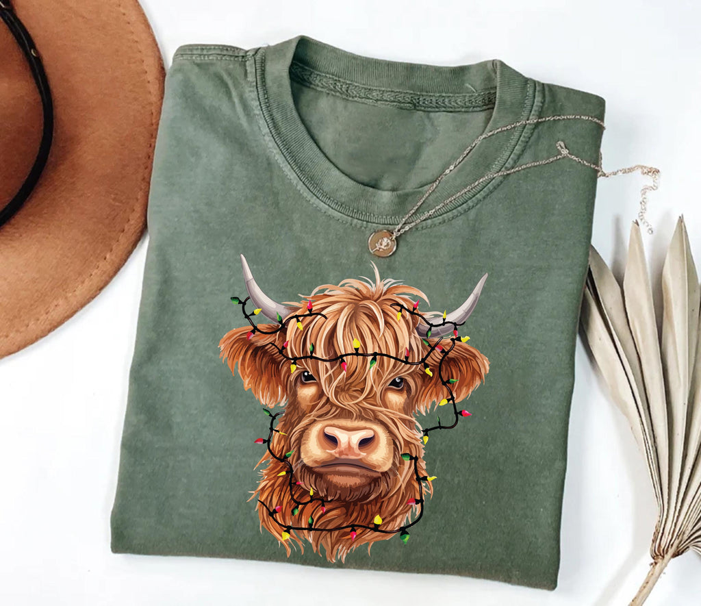Highland Cow Christmas Shirt, Cow with Christmas Lights Shirt, Holiday Western Farm Tee