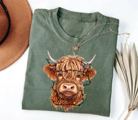 Highland Cow Christmas Shirt, Cow with Christmas Lights Shirt, Holiday Western Farm Tee