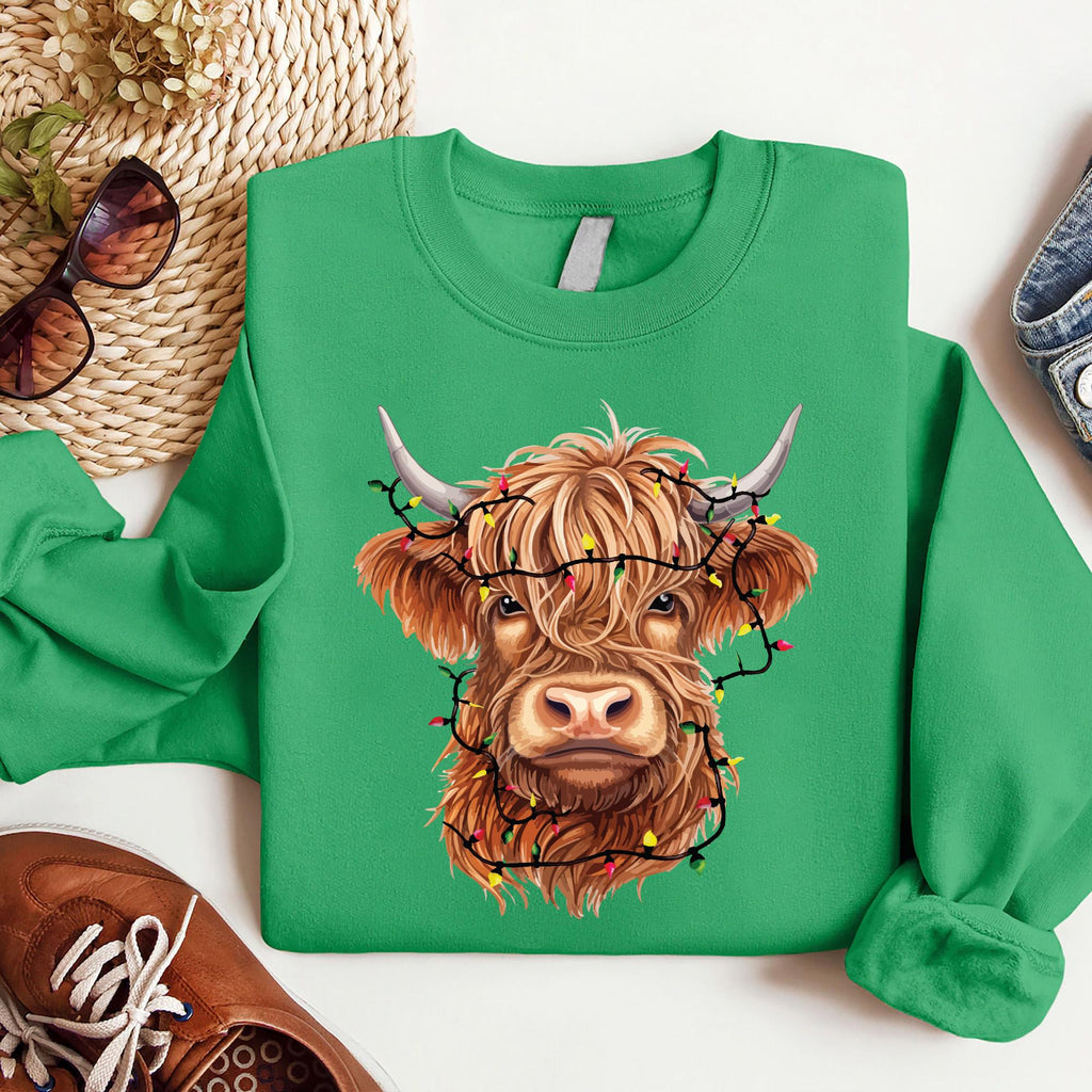 Highland Cow Christmas Sweatshirt, Cow with Christmas Lights Shirt, Holiday Western Farm Sweatshirt