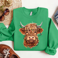 Highland Cow Christmas Sweatshirt, Cow with Christmas Lights Shirt, Holiday Western Farm Sweatshirt