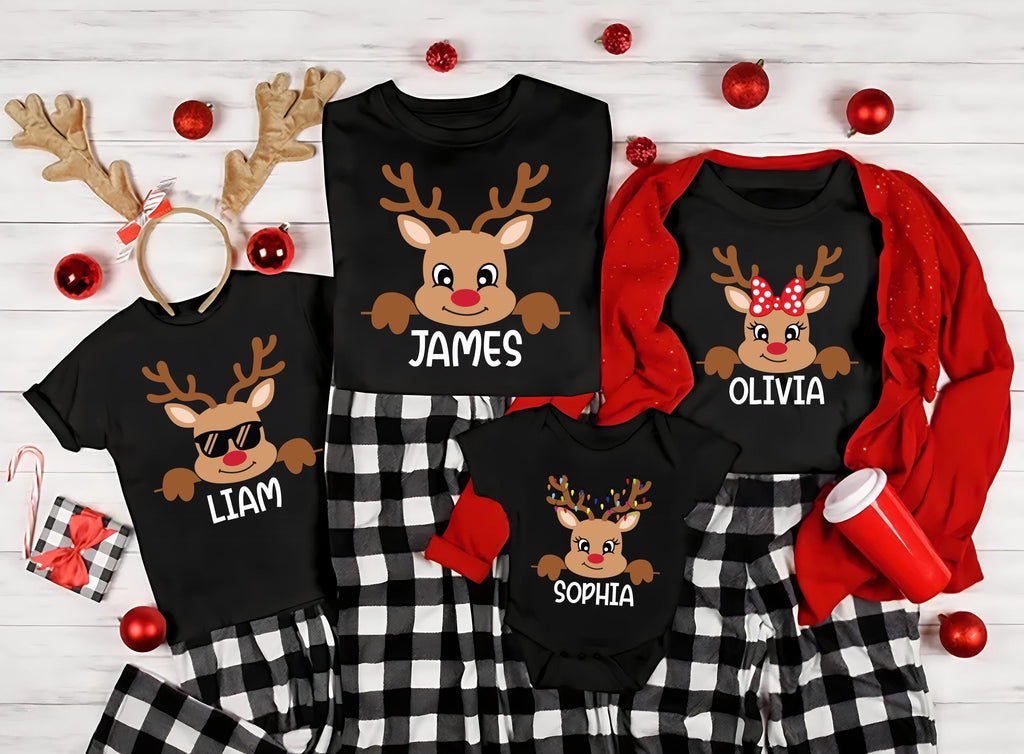 Reindeer Family Christmas Shirt, Personalized Christmas Family Shirt, Custom Family Name Tea