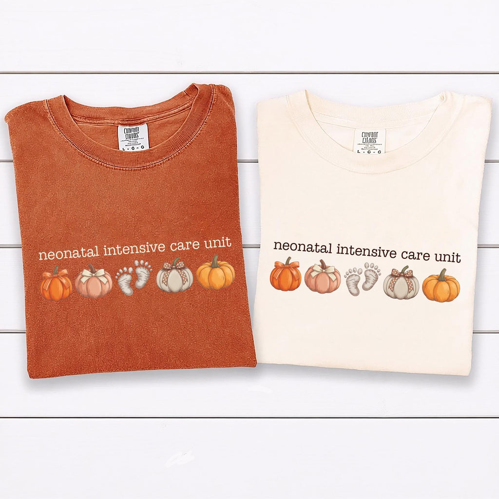 NICU Nurse Shirt, Neonatal Intensive Care Unit Shirt, Fall Autumn Doctor RN Pumpkins Footprints Tee