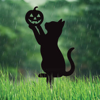 Halloween Black Cat Yard Signs, 2Pcs Metal Cat Pumpkin Silhouette Stakes, Outdoor Halloween Garden Decoration, Spooky Lawn Party Decor