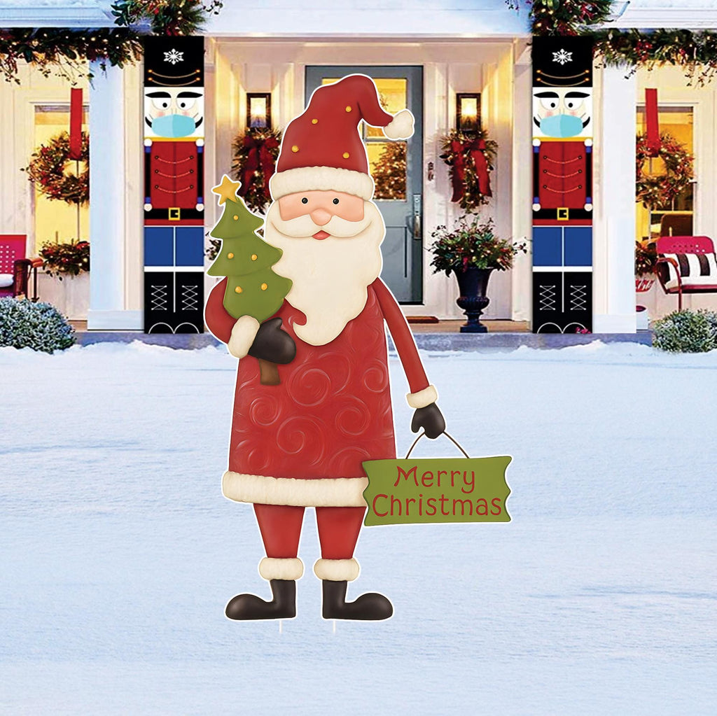 Santa Christmas Yard Sign, Merry Christmas Garden Stake with Tree, Outdoor Holiday Lawn Decorations, Metal Santa Cutout for Patio Décor