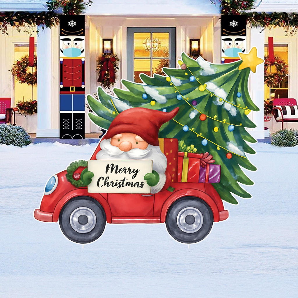 Christmas Gnome Red Truck Yard Sign, Holiday Outdoor Lawn Stake with Tree & Gift Boxes, Merry Christmas Welcome Yard Decorations with Stakes