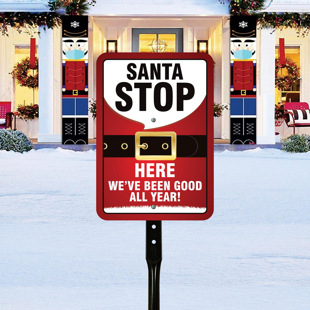 Santa Stop Here Yard Sign with 16" Stake, Aluminum Outdoor Christmas Decoration, Holiday Lawn Garden Pathway Sign for Kids and Families