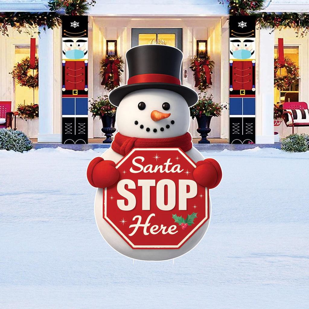 Snowman Santa Stop Here Yard Sign, Outdoor Christmas Lawn Decoration with Stakes, Holiday Snowman Garden Welcome Sign for Home & Patio Décor