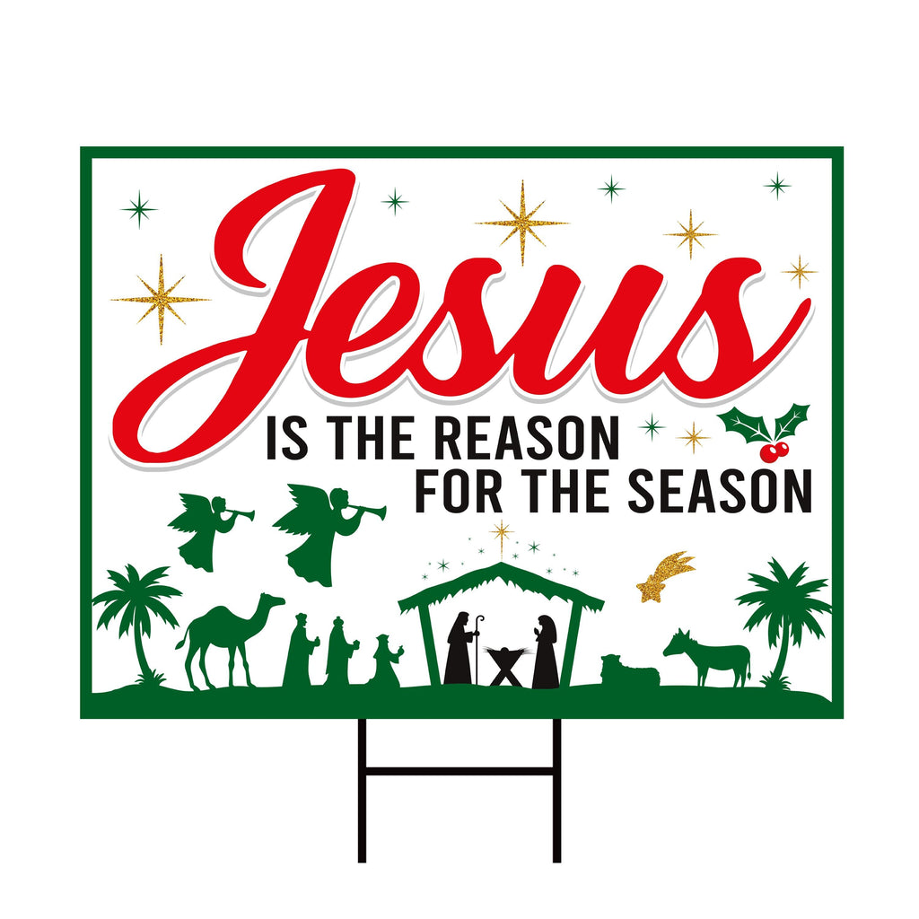 Jesus Is The Reason for The Season Sign Christmas Yard Sign - Nativity Decor for Church Home Business Stores Yard Sign with Metal H-Stake