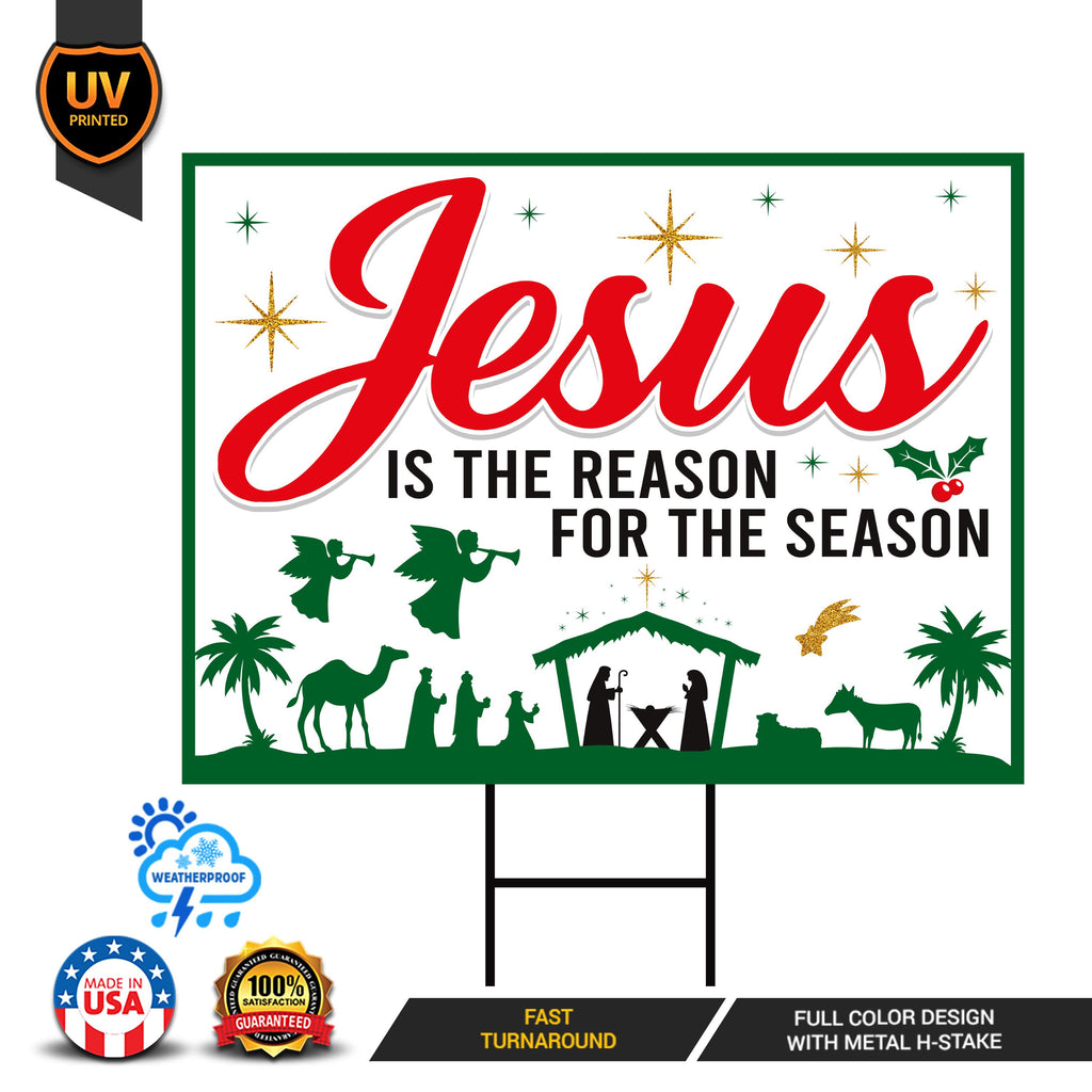 Jesus Is The Reason for The Season Sign Christmas Yard Sign - Nativity Decor for Church Home Business Stores Yard Sign with Metal H-Stake
