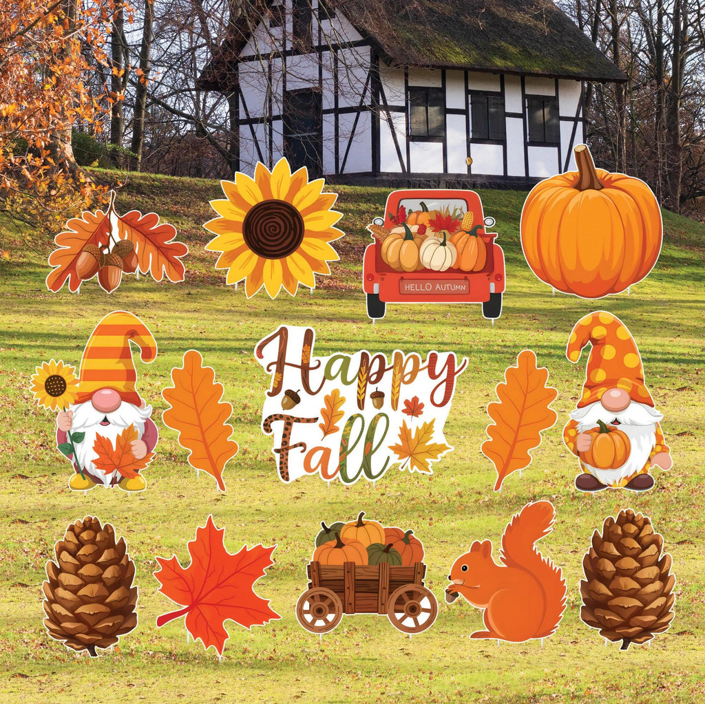 Fall Yard Signs, Autumn Harvest Lawn Decorations with Stakes, Pumpkin Gnome Sunflower Maple Leaf Outdoor Patio Garden Thanksgiving Décor