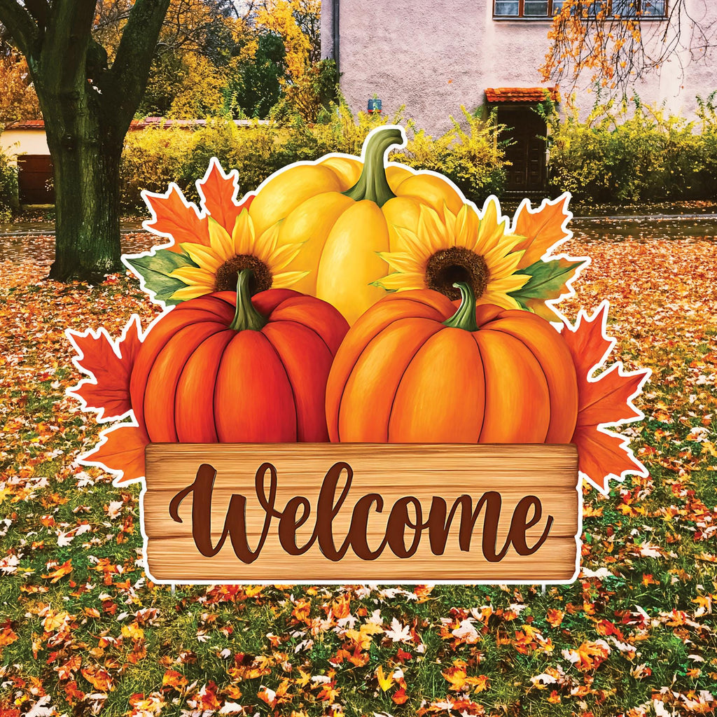 Fall Pumpkin Welcome Yard Sign, Autumn Harvest Lawn Decorations with Stakes, Rustic Sunflower Maple Leaf Outdoor Thanksgiving Porch Décor