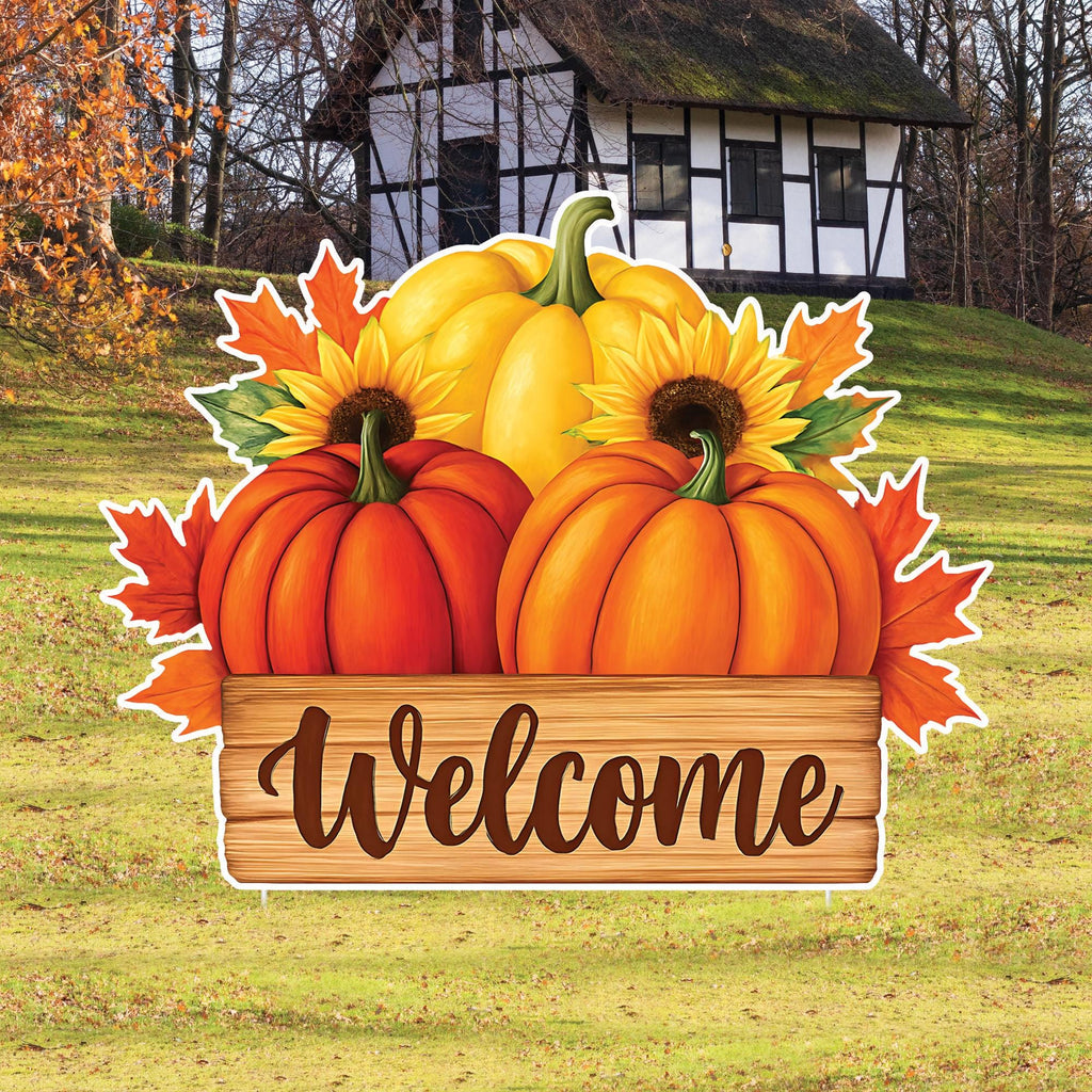 Fall Pumpkin Welcome Yard Sign, Autumn Harvest Lawn Decorations with Stakes, Rustic Sunflower Maple Leaf Outdoor Thanksgiving Porch Décor