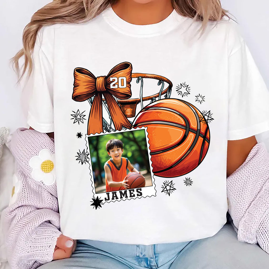 Coquette Bow Basketball Custom Name and Photo Shirt, Basketball Mom Shirt, Personalized Sports Dad Tee
