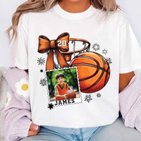 Coquette Bow Basketball Custom Name and Photo Shirt, Basketball Mom Shirt, Personalized Sports Dad Tee