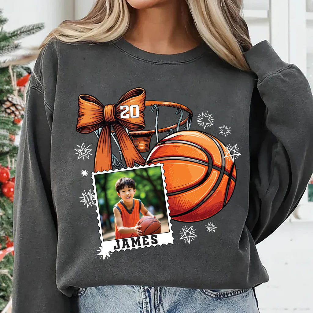 Coquette Bow Basketball Custom Name and Photo Shirt, Basketball Mom Shirt, Personalized Sports Dad Tee