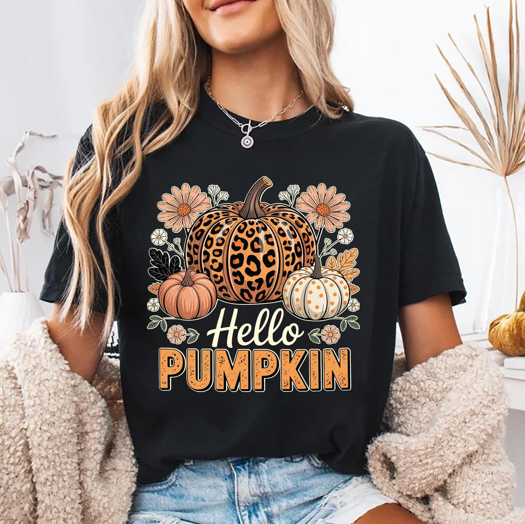 Hello Pumpkin Shirt, Boho Floral Fall Leopard Pumpkin Shirt, Boho Pumpkin Coquette Tee