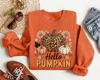 Hello Pumpkin Sweatshirt, Boho Floral Fall Leopard Pumpkin Shirt, Boho Pumpkin Coquette Sweatshirt