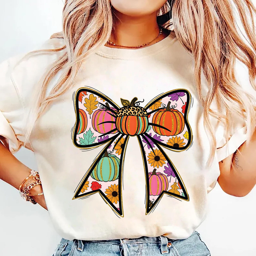 Floral Fall Pumpkin Coquette Shirt, Preppy Pumpkin Bow Shirt, Pink Pumpkin Tee