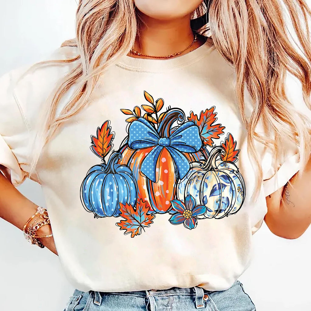 Floral Fall Pumpkin Shirt, Boho Autumn Flowers Shirt, Preppy Pumpkin Coquette Tee