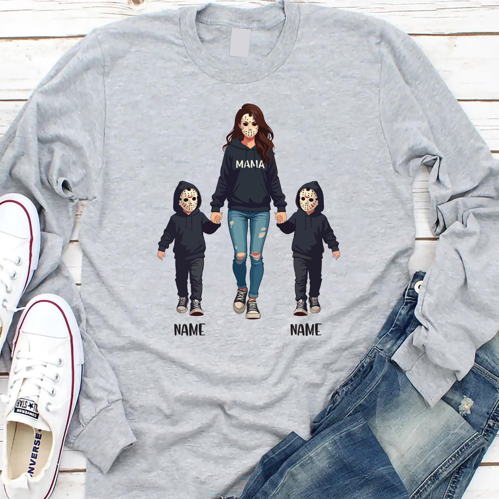 Halloween Horror Mama Long Sleeve Shirt, Custom Kids Name Shirt, Custom Spooky Mama Tee