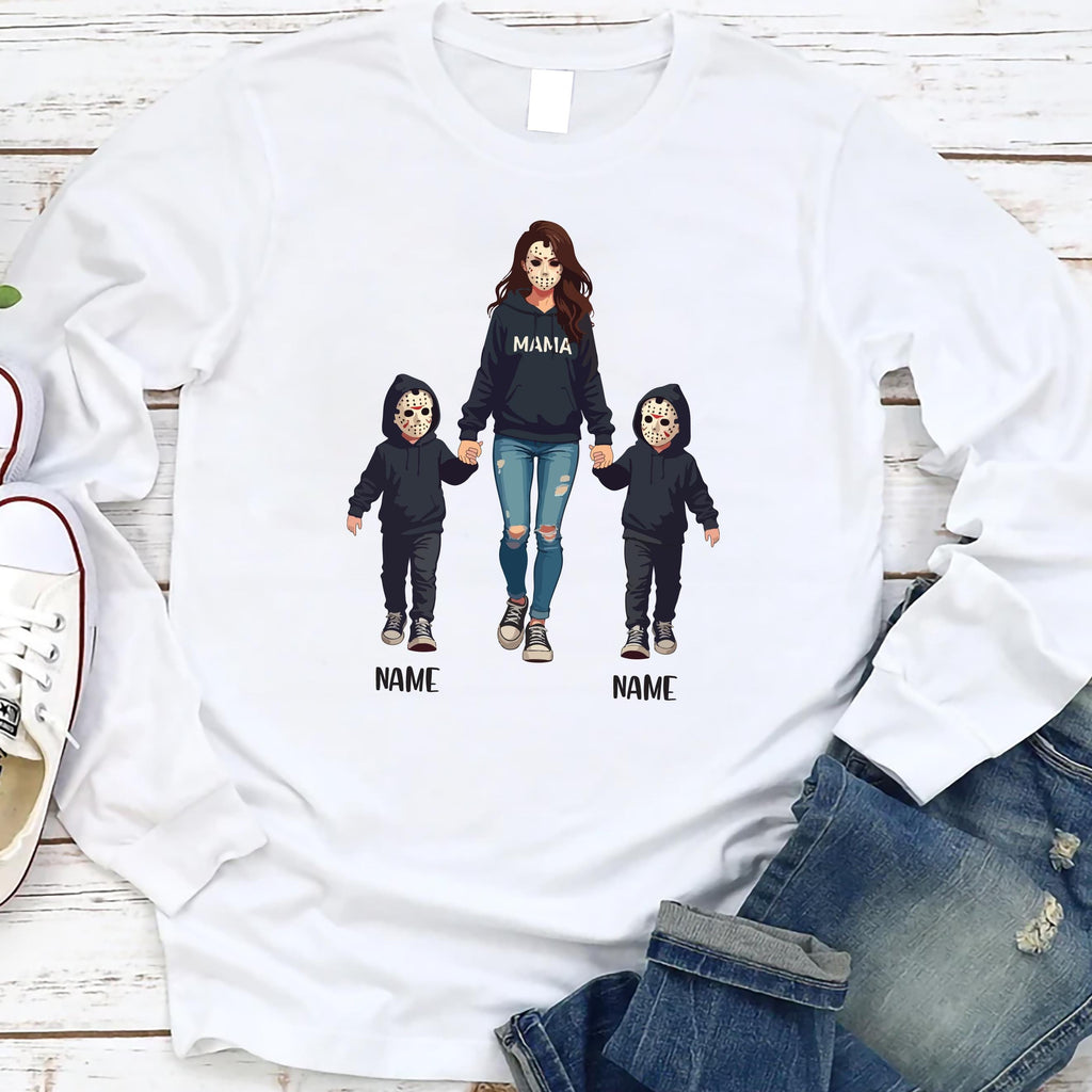 Halloween Horror Mama Long Sleeve Shirt, Custom Kids Name Shirt, Custom Spooky Mama Tee