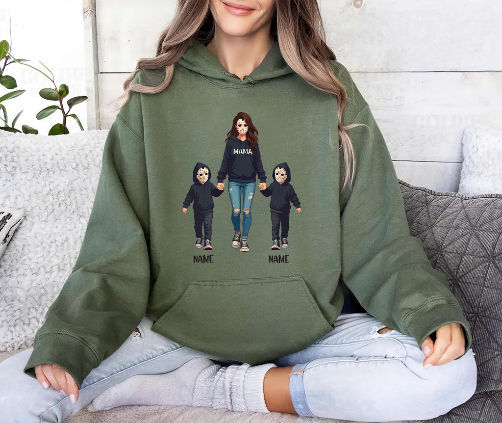 Halloween Horror Mama Hoodie, Custom Kids Name Shirt, Custom Spooky Mama Hoodie
