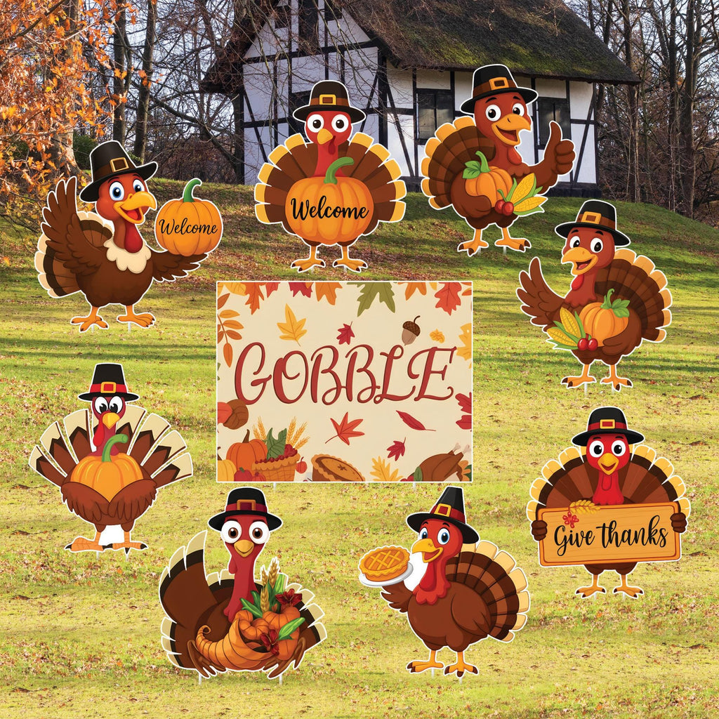 Thanksgiving Gobble Turkey Yard Signs, Fall Harvest Lawn Decorations with Stakes, Outdoor Give Thanks Pumpkin Autumn Garden Party Décor