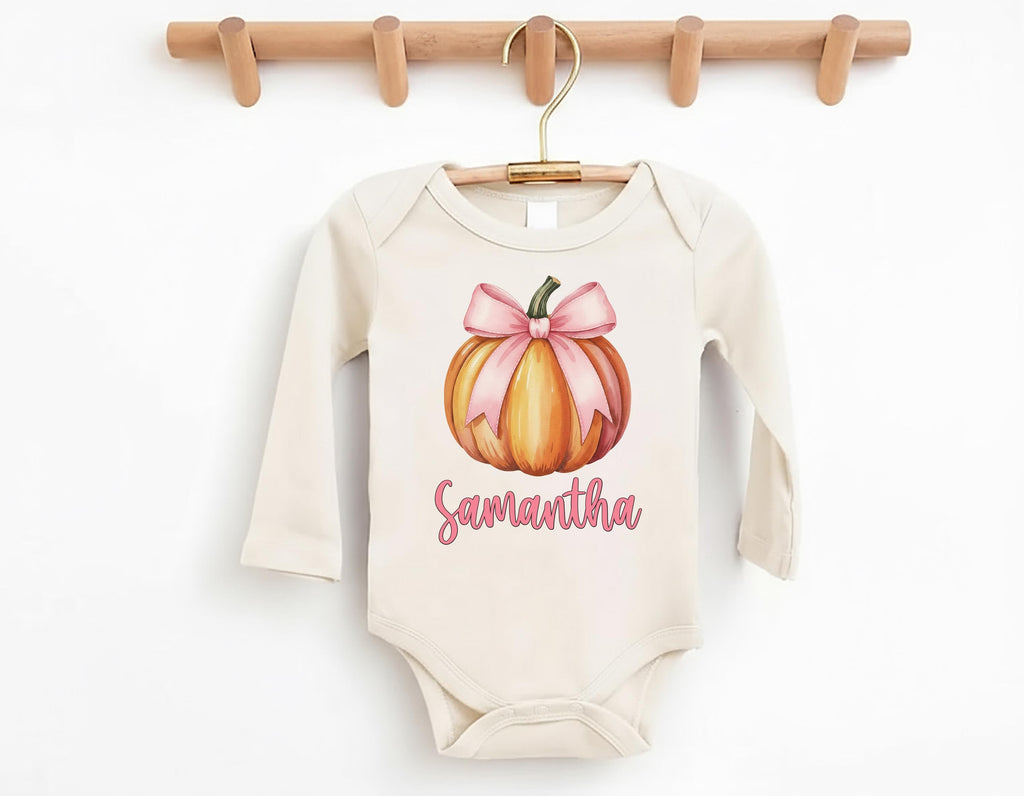 Custom Girls Fall Shirt, Personalized Pumpkin Toddler Tee, Pink Bow on Pumpkin Outfit, Girls Halloween Shirt, Pink Coquette Autumn TShirt