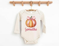 Custom Girls Fall Shirt, Personalized Pumpkin Toddler Tee, Pink Bow on Pumpkin Outfit, Girls Halloween Shirt, Pink Coquette Autumn TShirt