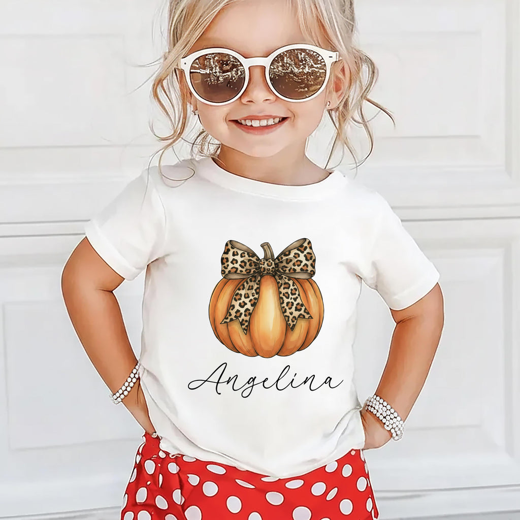 Personalized Pumpkin Fall Toddler Shirt, Cute Pumpkin with Cheetah Bow Shirt, Girls Autumn Tee with Name, Girls Halloween Shirt, Fall Gifts