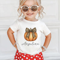 Personalized Pumpkin Fall Toddler Shirt, Cute Pumpkin with Cheetah Bow Shirt, Girls Autumn Tee with Name, Girls Halloween Shirt, Fall Gifts