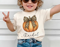 Personalized Pumpkin Fall Toddler Shirt, Cute Pumpkin with Cheetah Bow Shirt, Girls Autumn Tee with Name, Girls Halloween Shirt, Fall Gifts