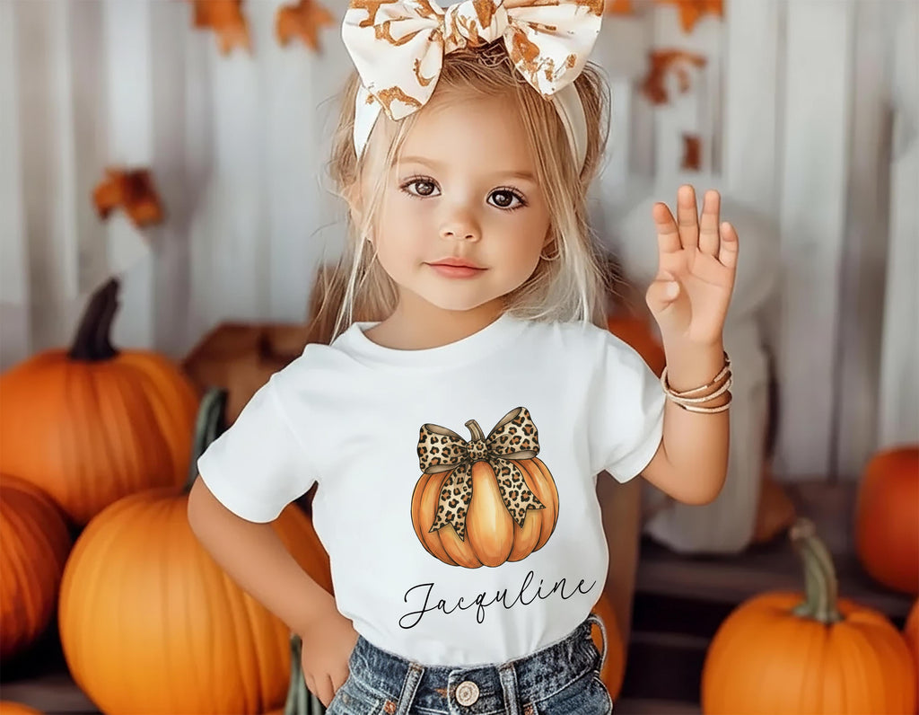 Personalized Pumpkin Fall Toddler Shirt, Cute Pumpkin with Cheetah Bow Shirt, Girls Autumn Tee with Name, Girls Halloween Shirt, Fall Gifts
