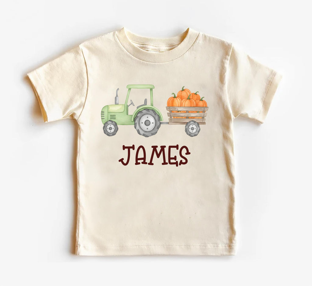 Personalized Pumpkin Tractor Kids Shirt, Halloween Green Tractor Toddler T-Shirt, Custom Halloween Boys Shirt, Custom Halloween Kids Tees