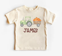 Personalized Pumpkin Tractor Kids Shirt, Halloween Green Tractor Toddler T-Shirt, Custom Halloween Boys Shirt, Custom Halloween Kids Tees