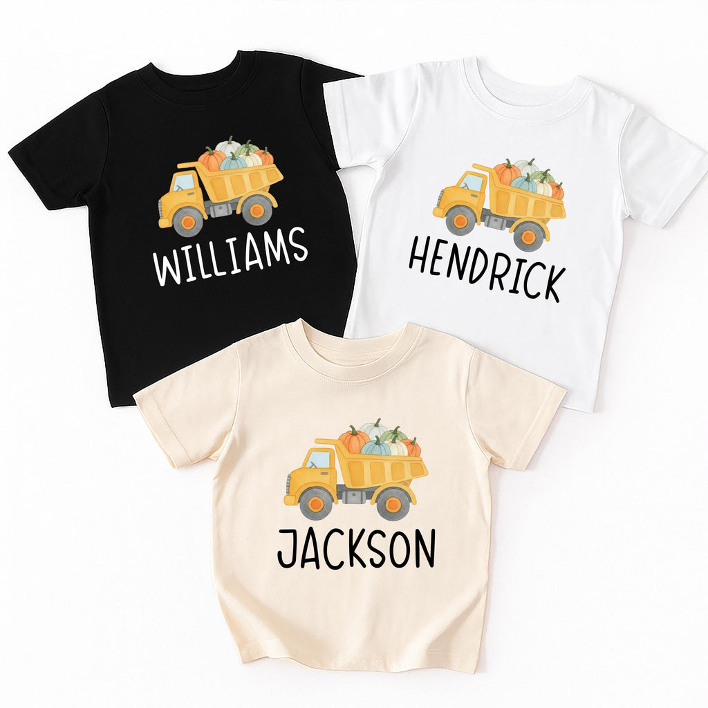 Boys Fall Shirt, Personalized Pumpkin Kids Crewneck, Dump Truck Halloween T-Shirt, Custom Fall Boy Shirt, Unisex Pumpkin Toddler Tee