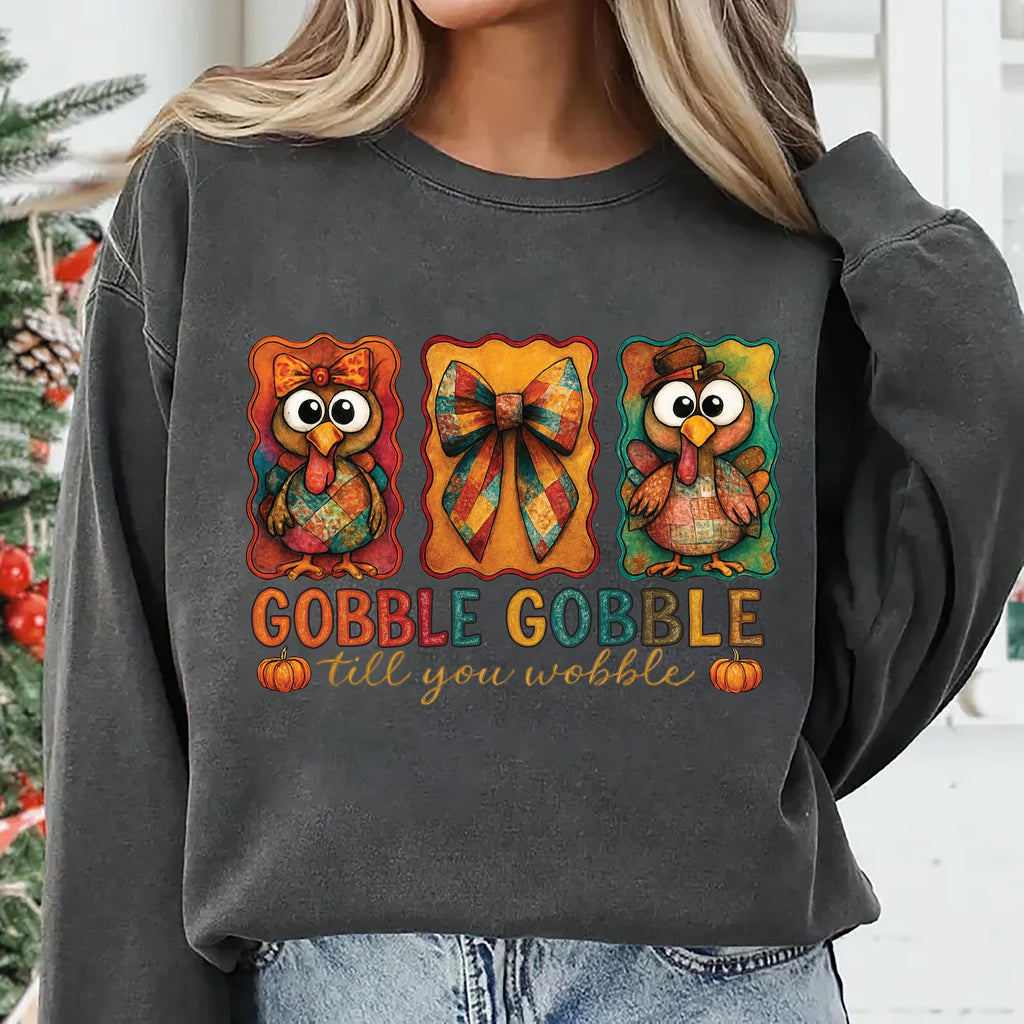 Gobble Till You Wobble Sweatshirt, Preppy Coquette Thanksgiving Shirt, Funny Thanksgiving Turkey Sweatshirt