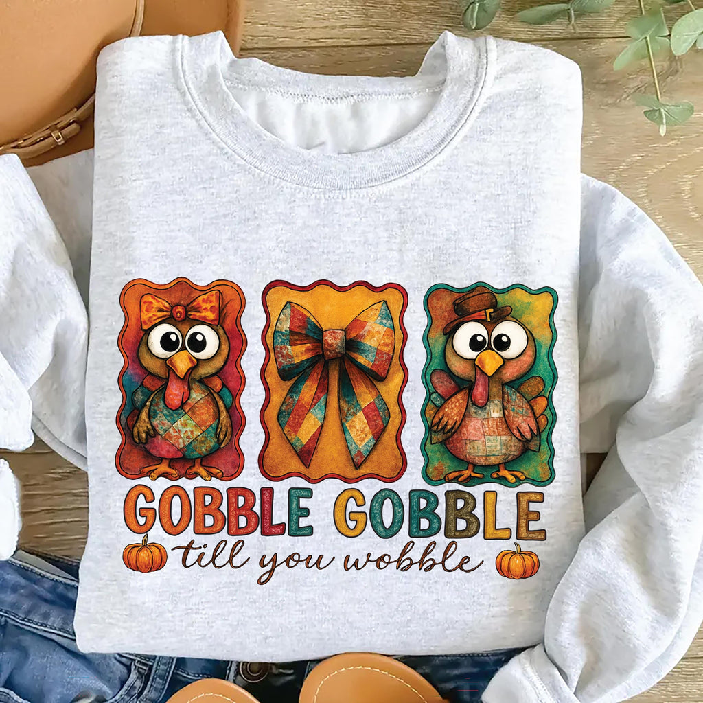 Gobble Till You Wobble Sweatshirt, Preppy Coquette Thanksgiving Shirt, Funny Thanksgiving Turkey Sweatshirt